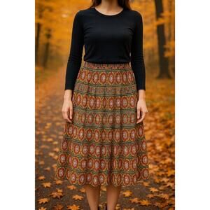 Sundance-style tiered maxi skirt with a bohemian paisley pattern